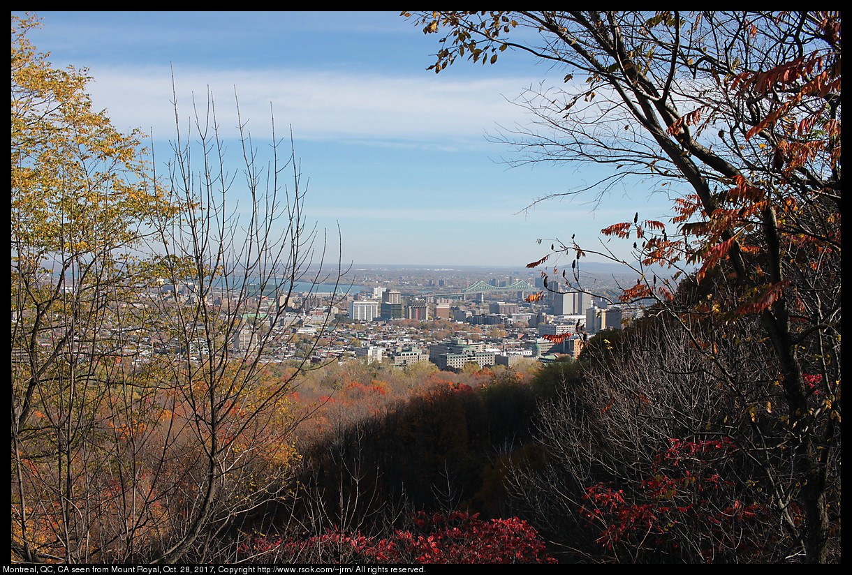 This is the view of Montreal, Quebec, Canada from Mount Royal on October 28, 2017.