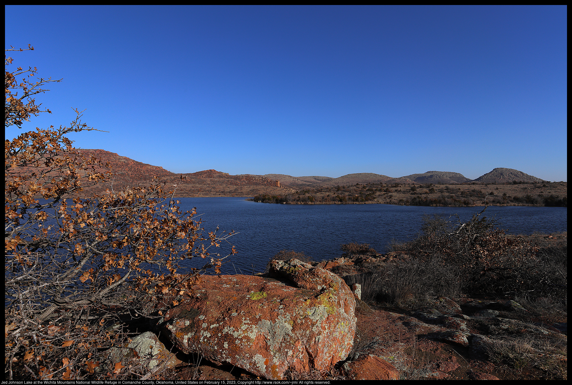 Jed Johnson Lake at the Wichita Mountains National Wildlife Refuge in Comanche County, Oklahoma, United States on February 15, 2023