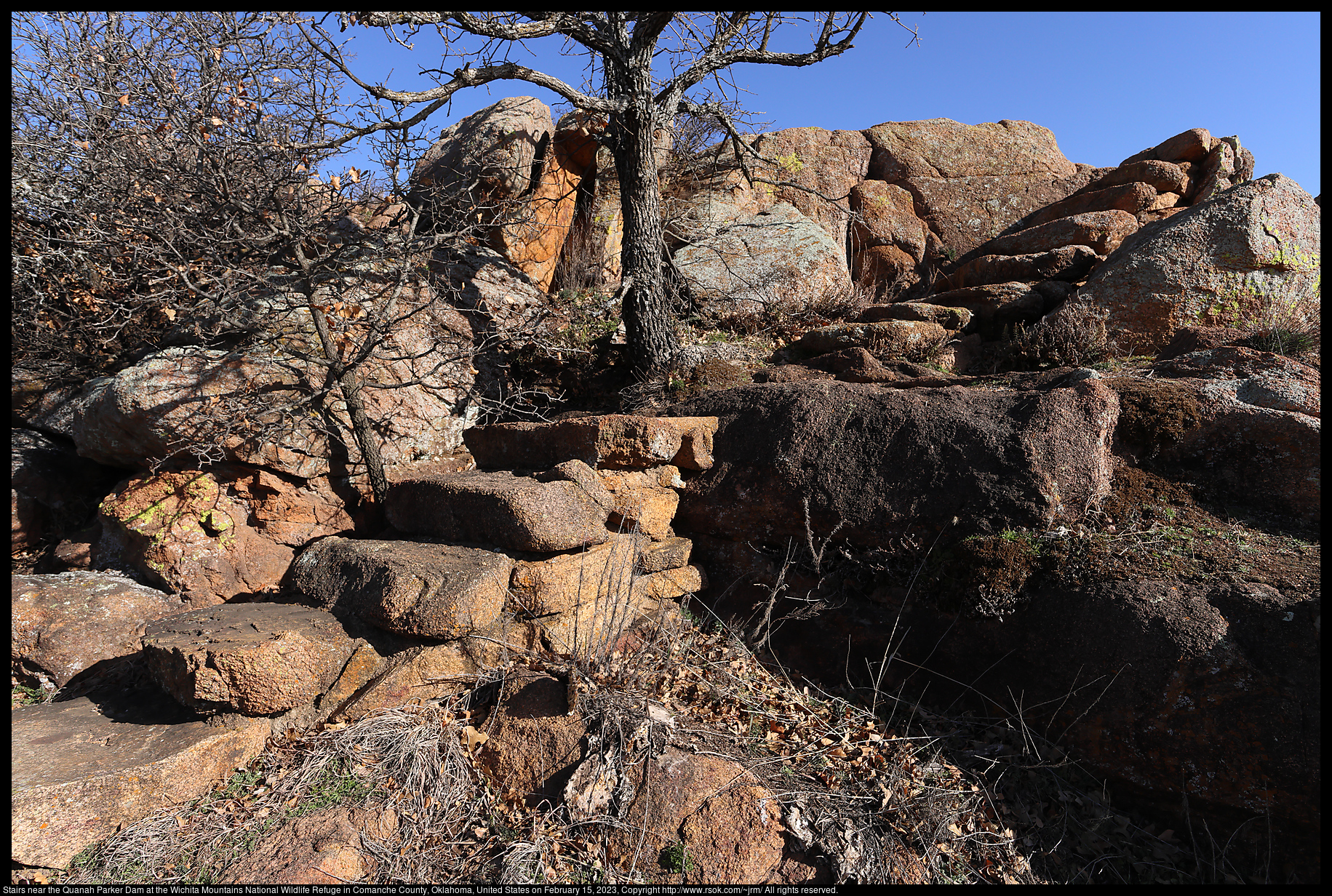 Stairs near the Quanah Parker Dam at the Wichita Mountains National Wildlife Refuge in Comanche County, Oklahoma, United States on February 15, 2023