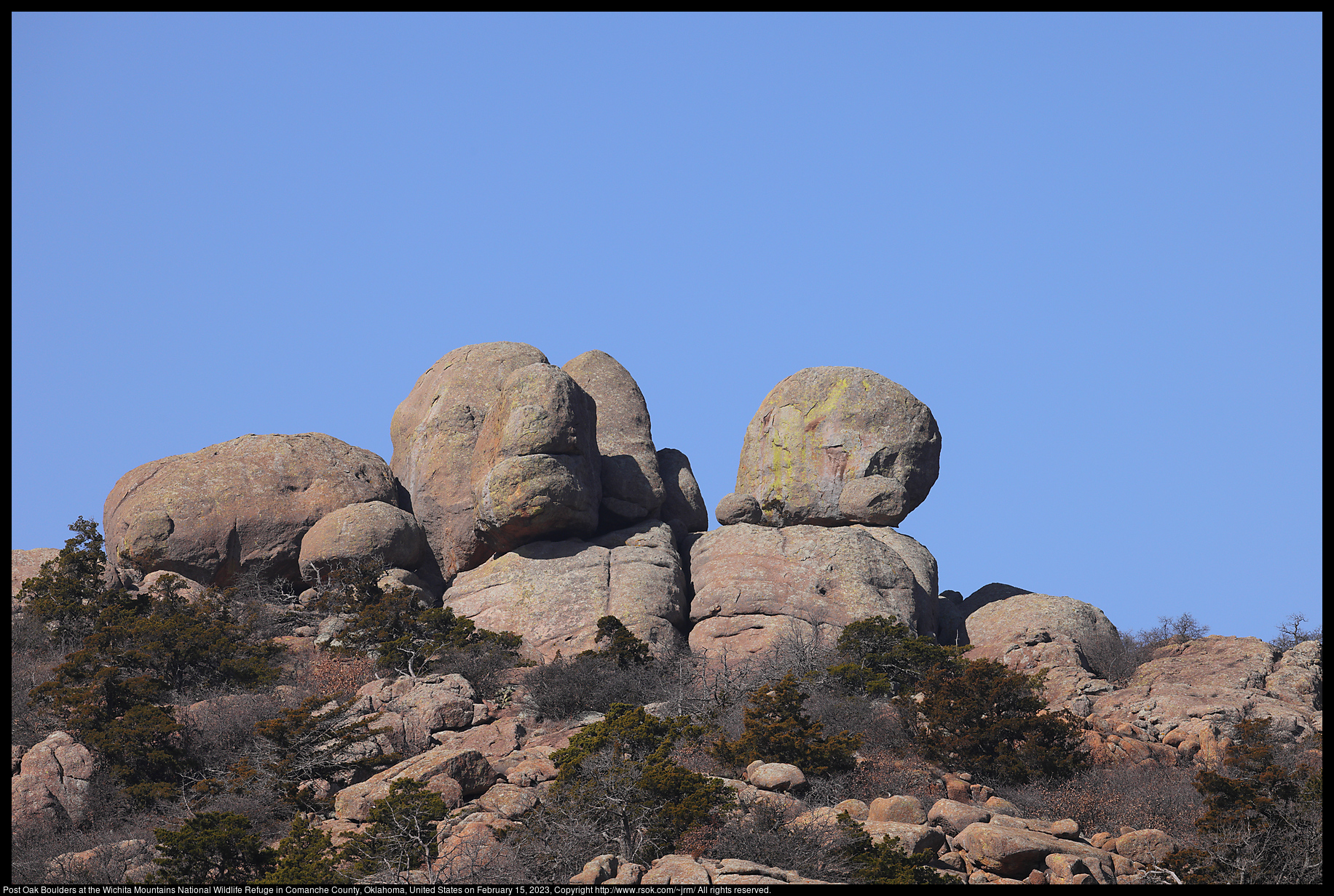 Post Oak Boulders at the Wichita Mountains National Wildlife Refuge in Comanche County, Oklahoma, United States on February 15, 2023