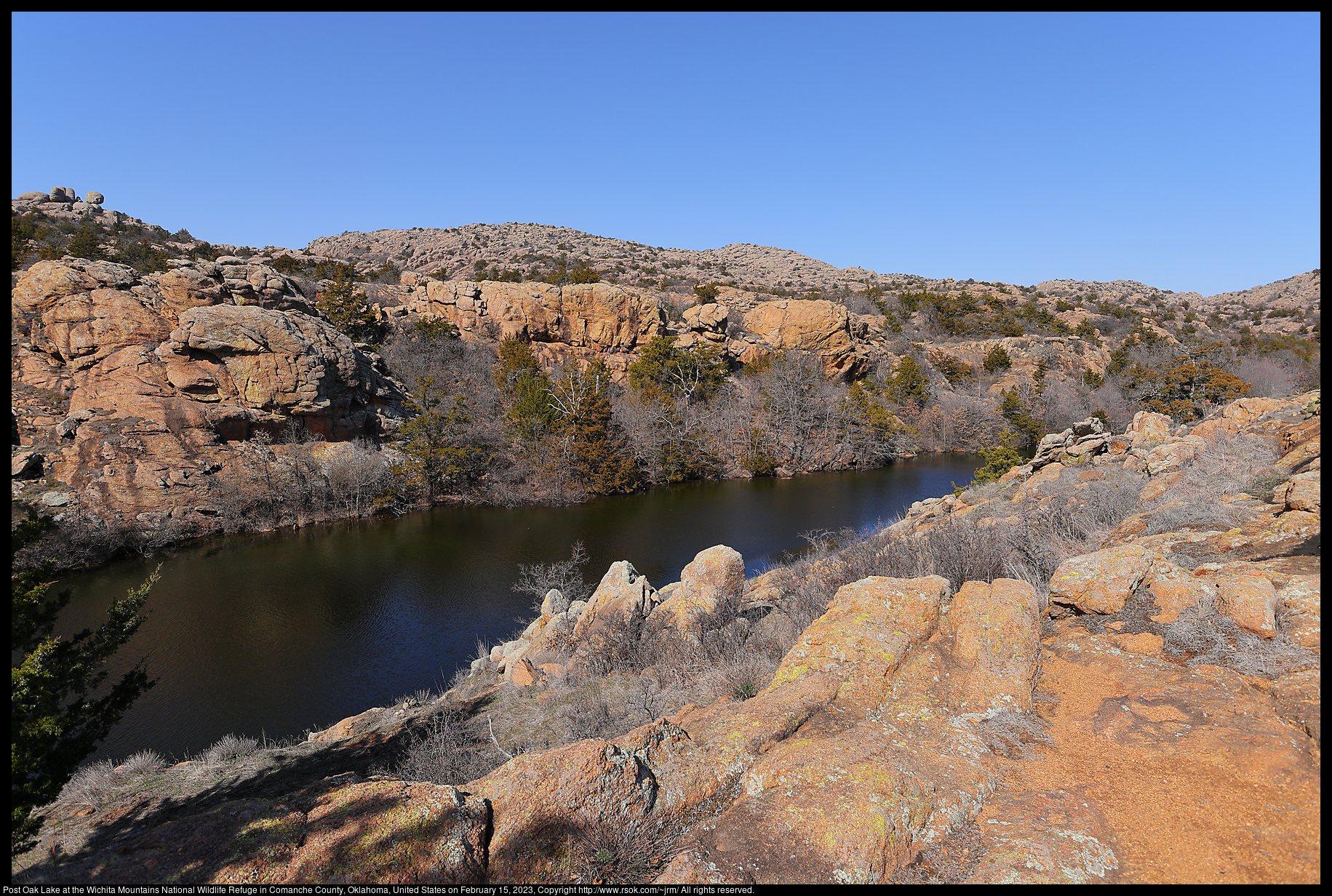 Post Oak Lake at the Wichita Mountains National Wildlife Refuge in Comanche County, Oklahoma, United States on February 15, 2023